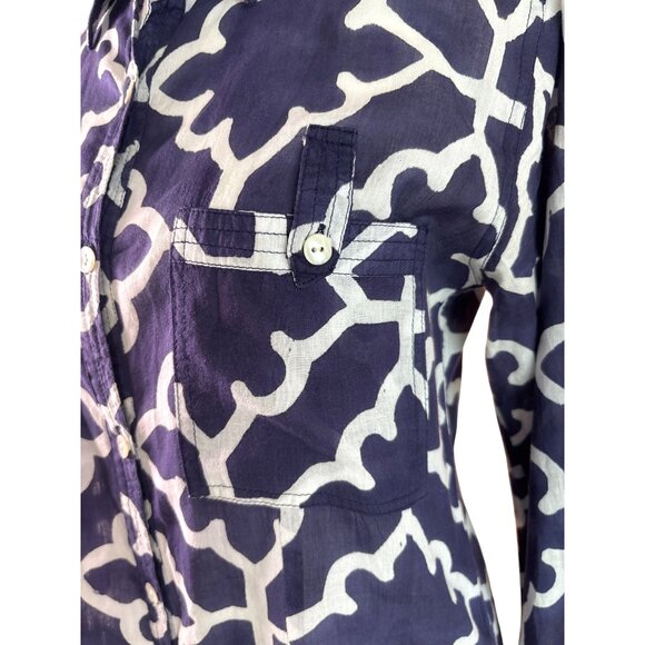 Roberta Roller Rabbit Shirt Dress Size XS Geo Print Navy White Sheer Long Sleeve - Picture 3 of 11